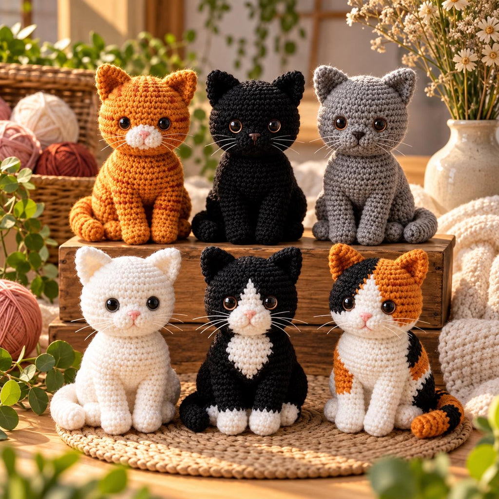 6 Sitting Cat Crochet Pattern Collection, PDF, Amigurumi Bundle, Beginner Friendly