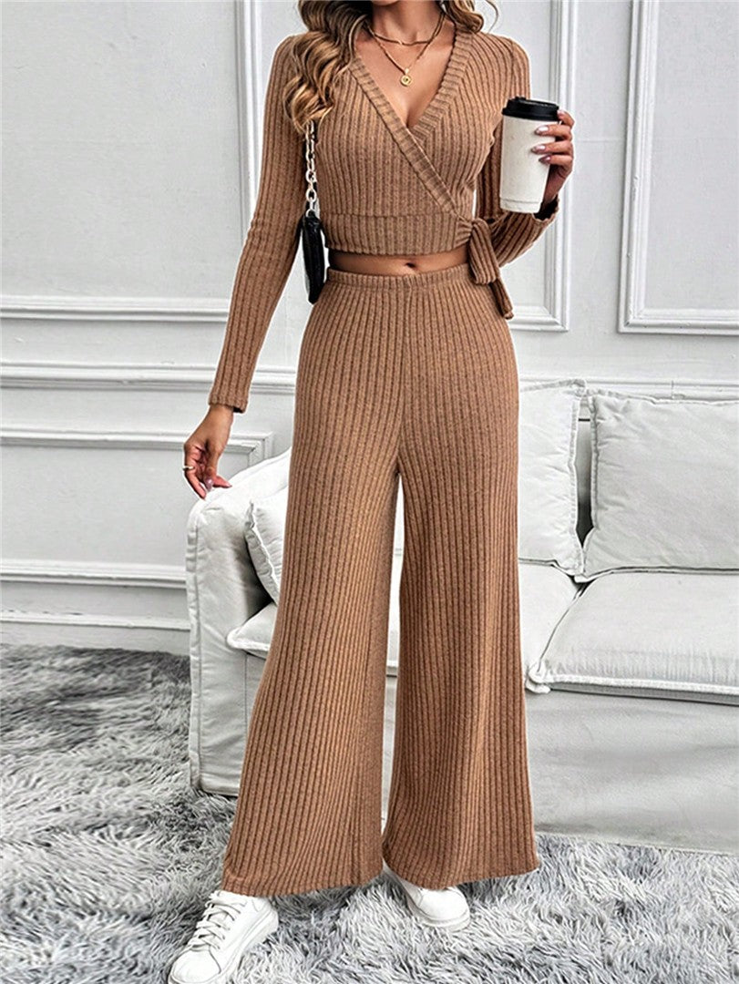Women's Ribbed Knit 2-Piece Loungewear Set – Wrap Top & Wide Leg Pants