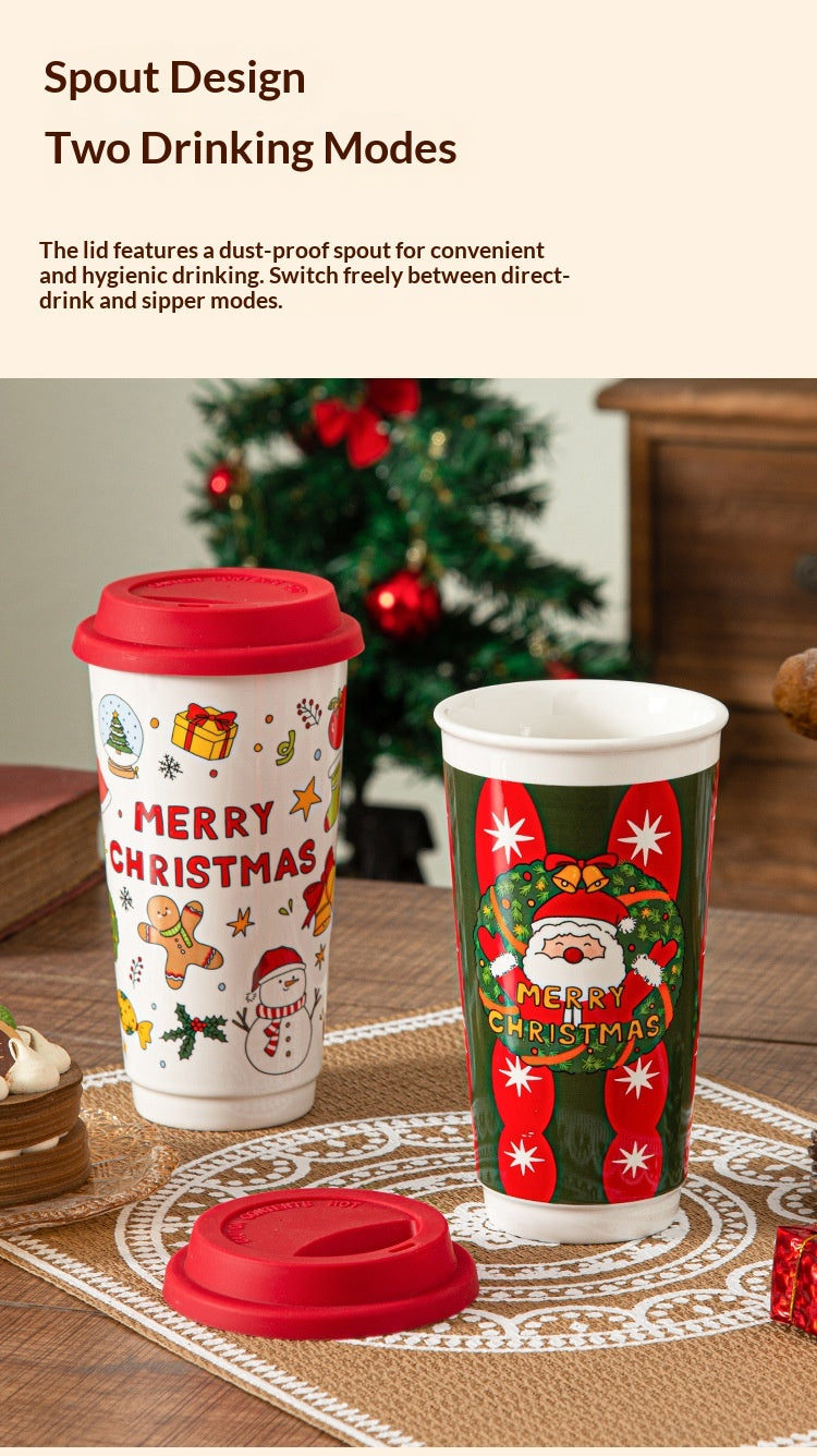 Cartoon Christmas Large-Capacity Ceramic Mug With Lid Gift