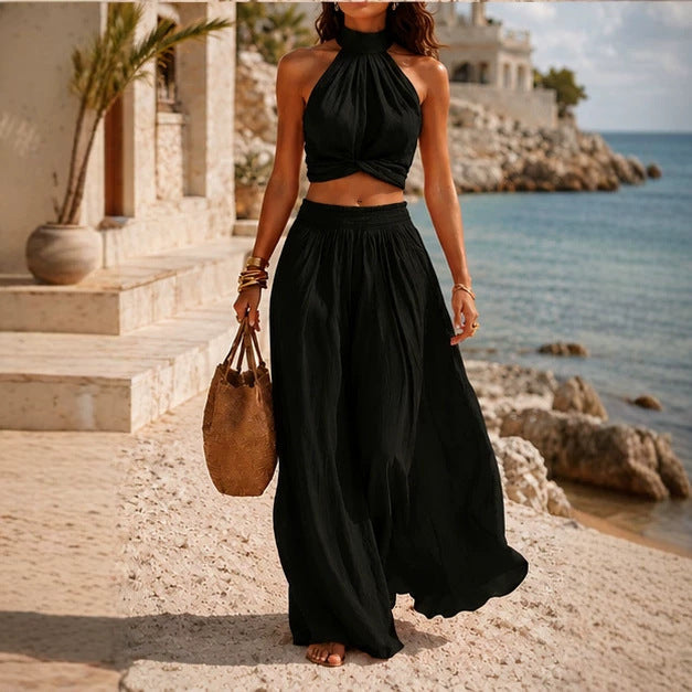 Women’s Casual Halter Top & Wide-Leg Long Skirt Set