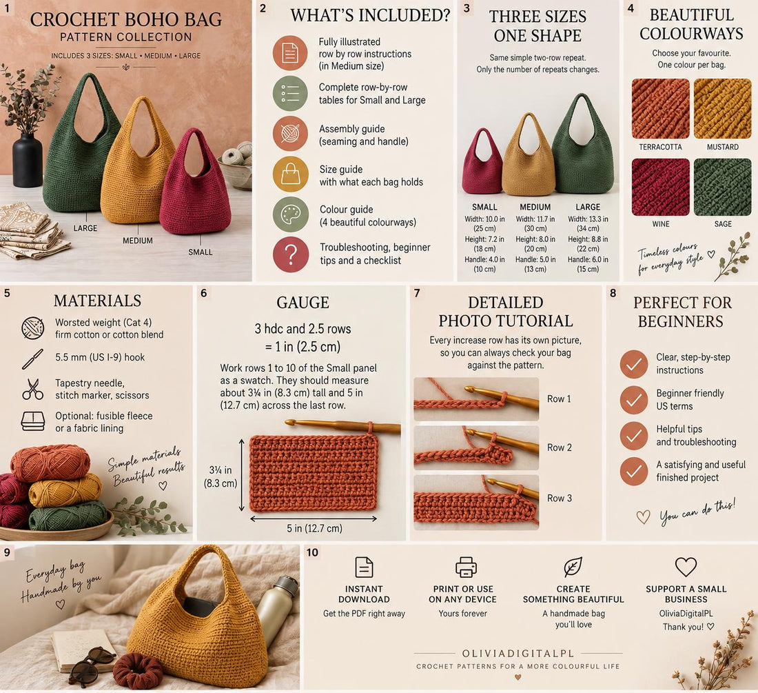Häkelanleitung für eine Boho-Halbmondtasche, 3 Größen, anfängerfreundlich (PDF-Download)