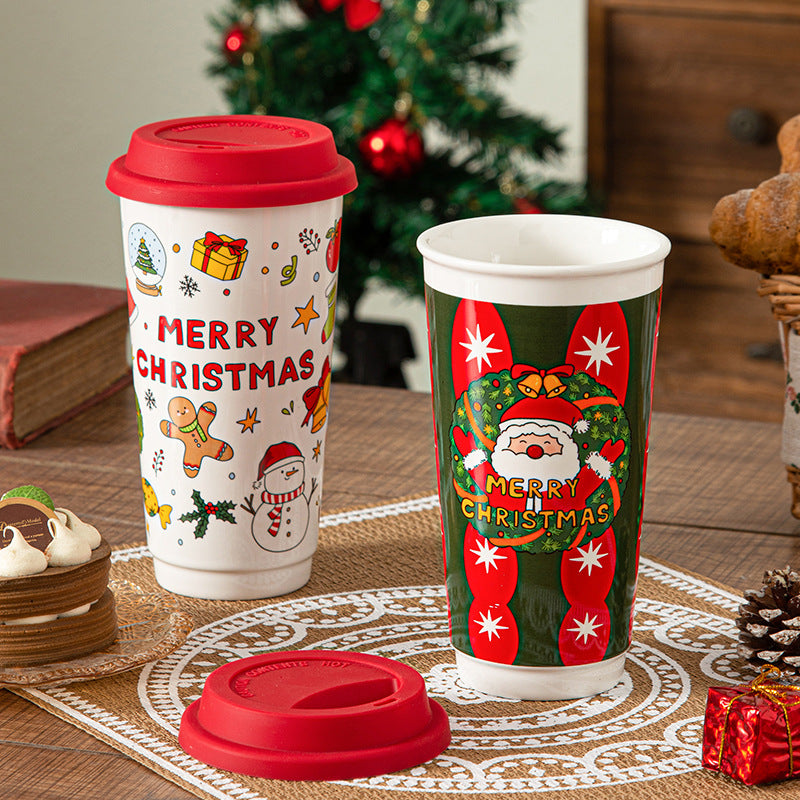 Cartoon Christmas Large-Capacity Ceramic Mug With Lid Gift