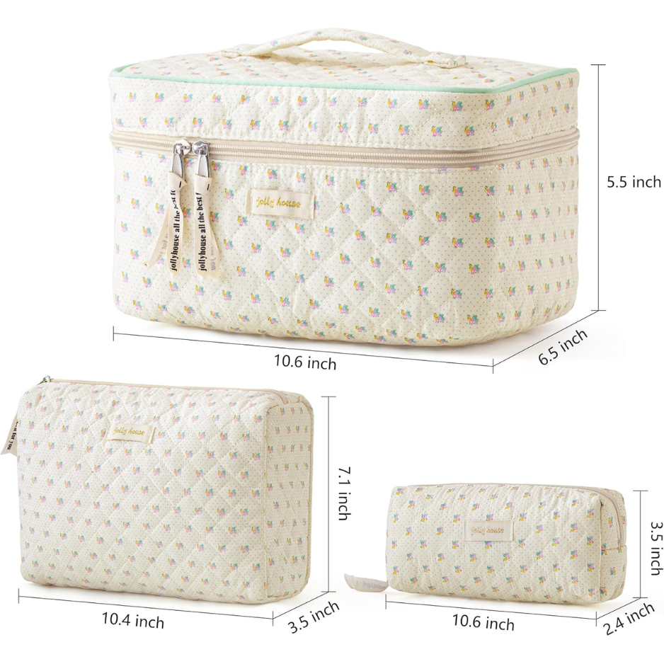 Quilted Makeup Bag, 3Pcs Cotton Large Travel Makeup Bags Organizer