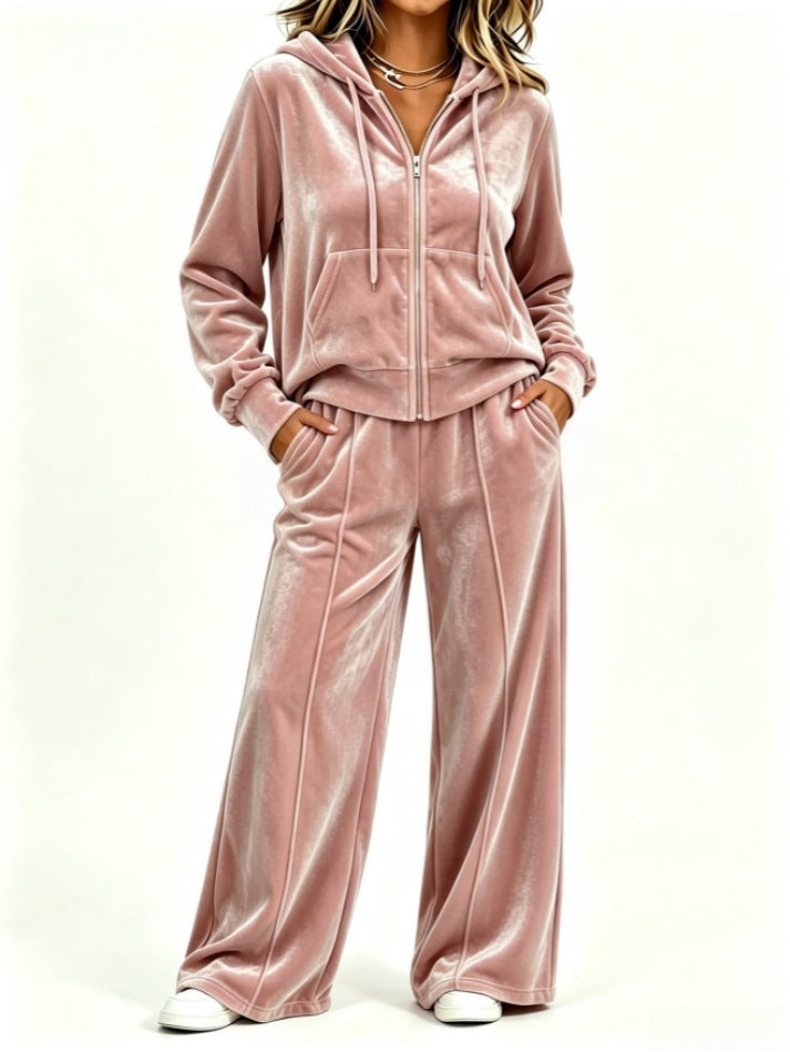 Velvet Hooded Sweatshirt & Wide‑Leg Pants Casual Set