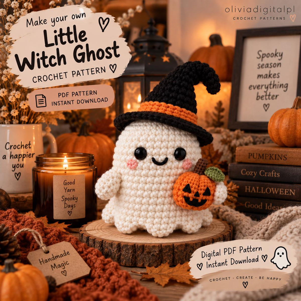 Halloween ghost Crochet pattern, witch Ghost with Hats,  Amigurumi, digital Tutorial, Decoration, Gift