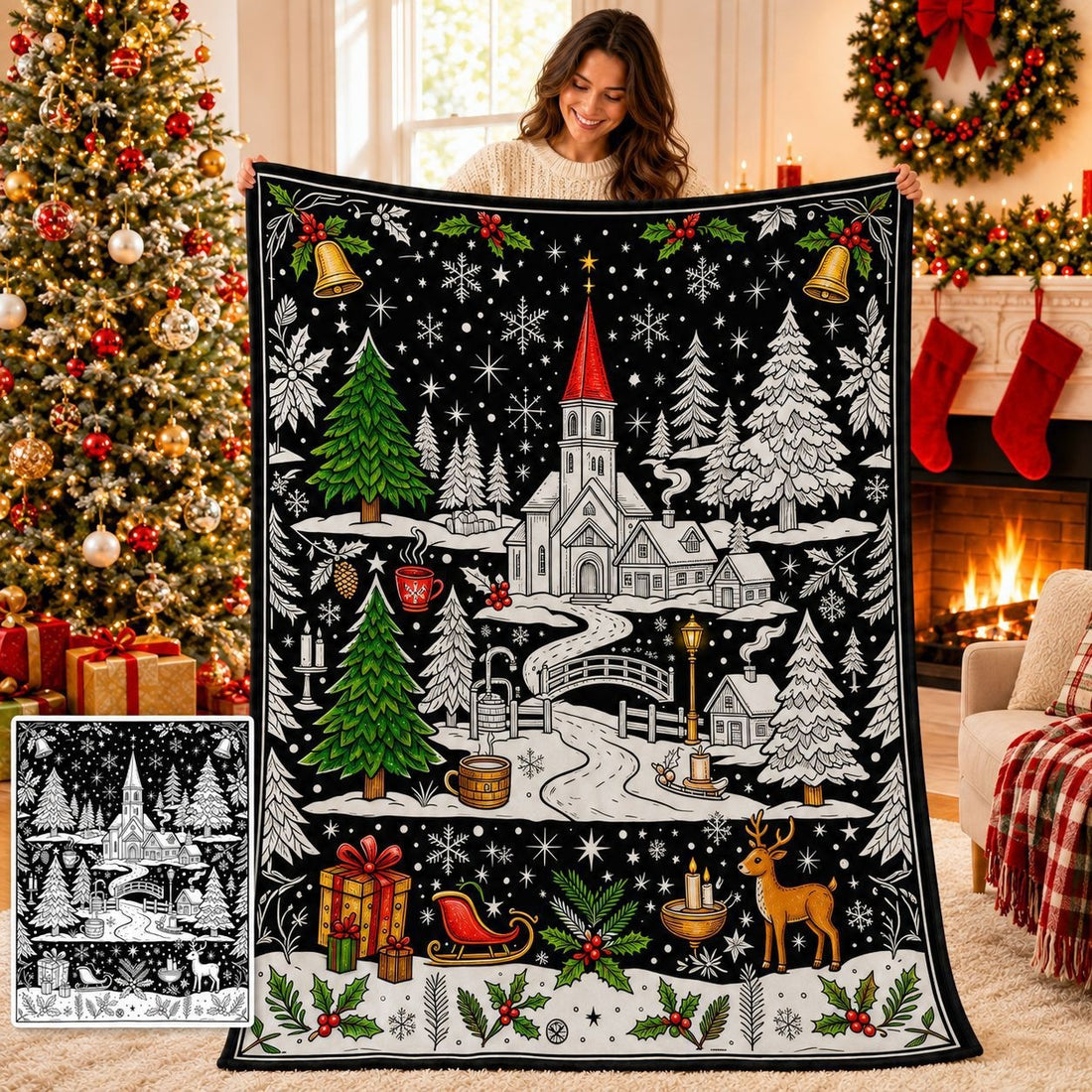 Cozy Hand‑Painted Santa & Elk Throw – Compact Picnic Blanket