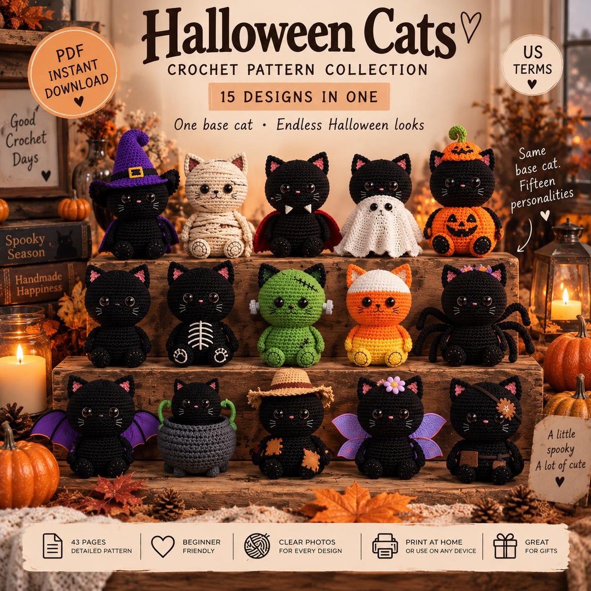Halloween Amigurumi Cat Costume Bundle, 15 Designs in One (PDF Pattern)
