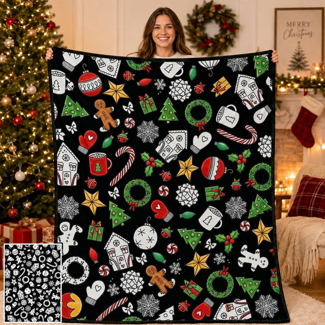 Cozy Hand‑Painted Santa & Elk Throw – Compact Picnic Blanket