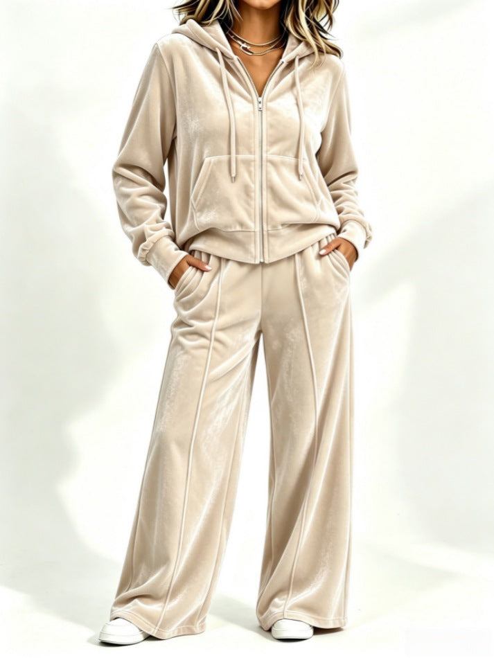 Velvet Hooded Sweatshirt & Wide‑Leg Pants Casual Set
