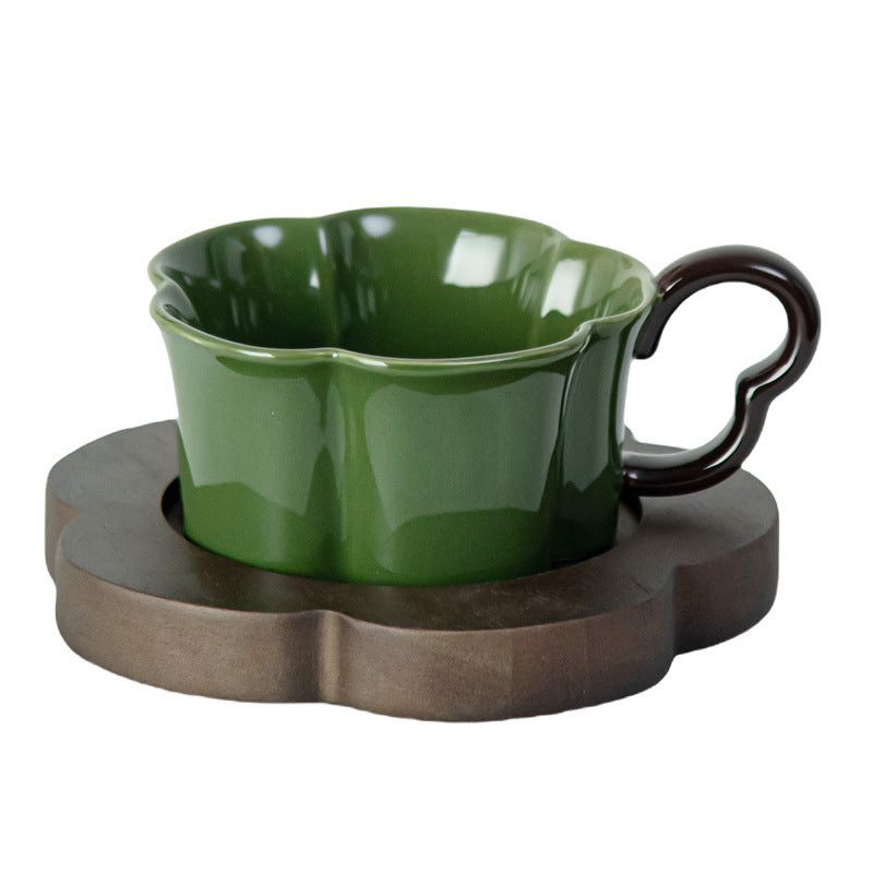 Vintage Ceramic Coffee Cup And Saucer Set With Acacia Wood Tray And Sp