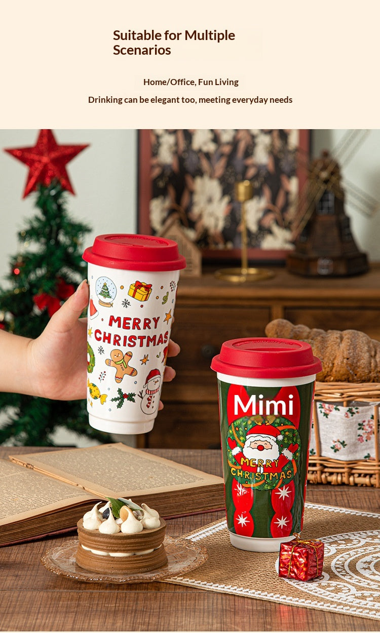 Cartoon Christmas Large-Capacity Ceramic Mug With Lid Gift