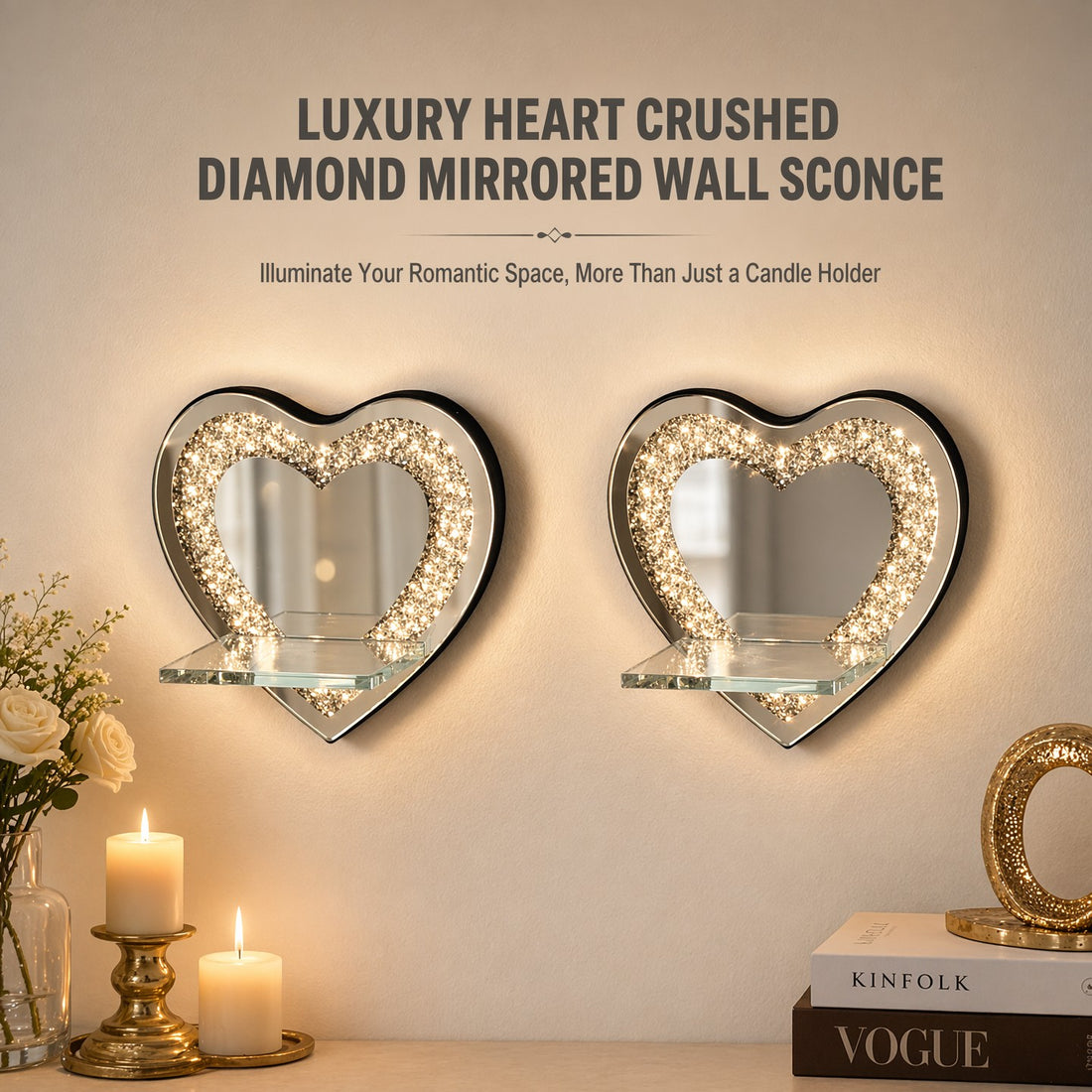 Heart-Shaped Mirrored Shelf with Diamond Inlay