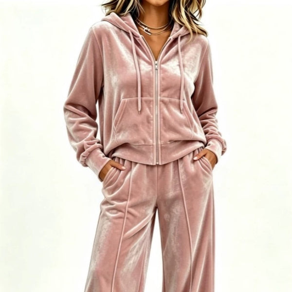 Velvet Hooded Sweatshirt & Wide‑Leg Pants Casual Set