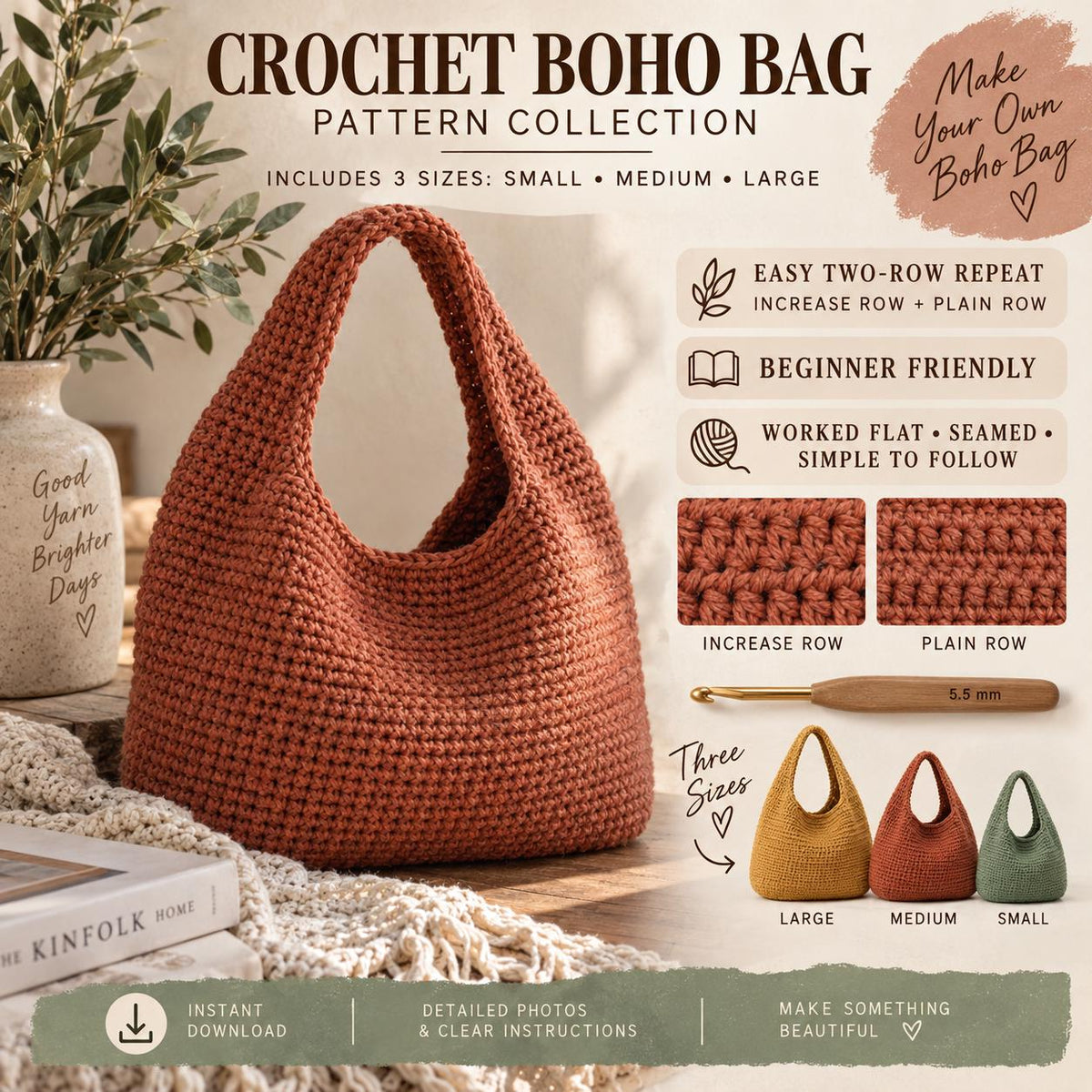 Crochet Boho Half Moon Bag Pattern, 3 Sizes, Beginner Friendly (PDF Download)