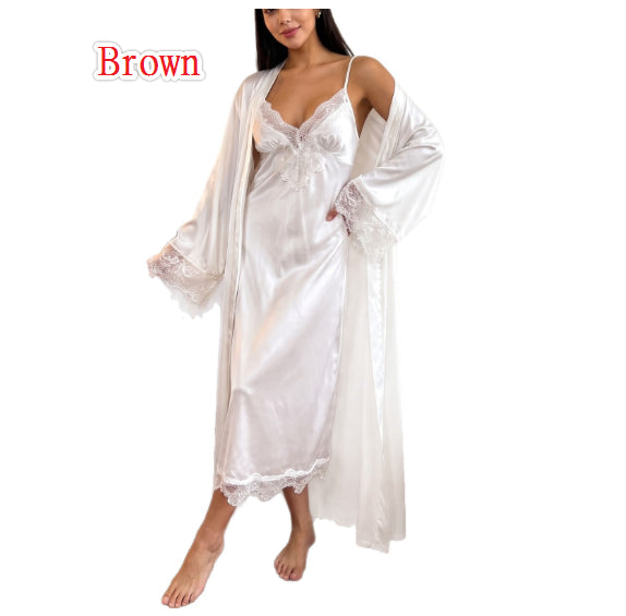 Elegant Lace V-Neck Long Camisole Nightdress with Cuffs
