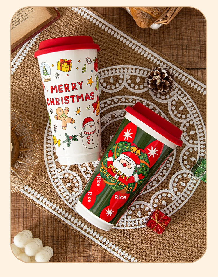 Cartoon Christmas Large-Capacity Ceramic Mug With Lid Gift