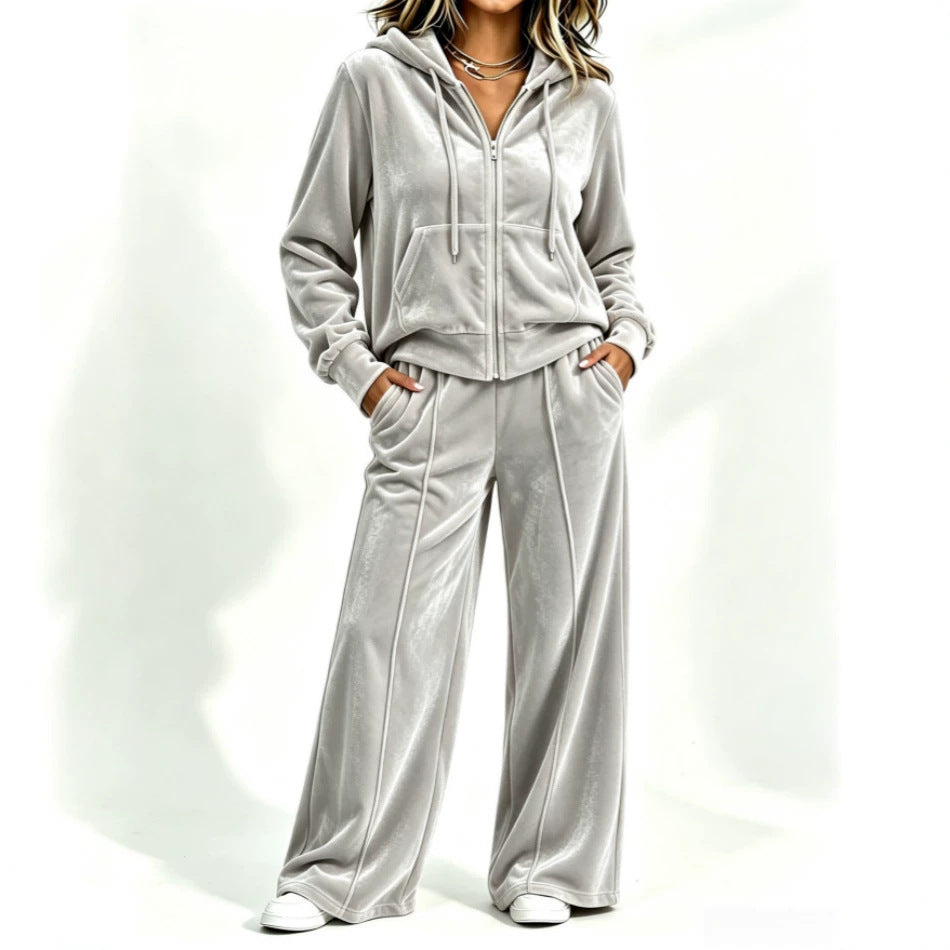Velvet Hooded Sweatshirt & Wide‑Leg Pants Casual Set